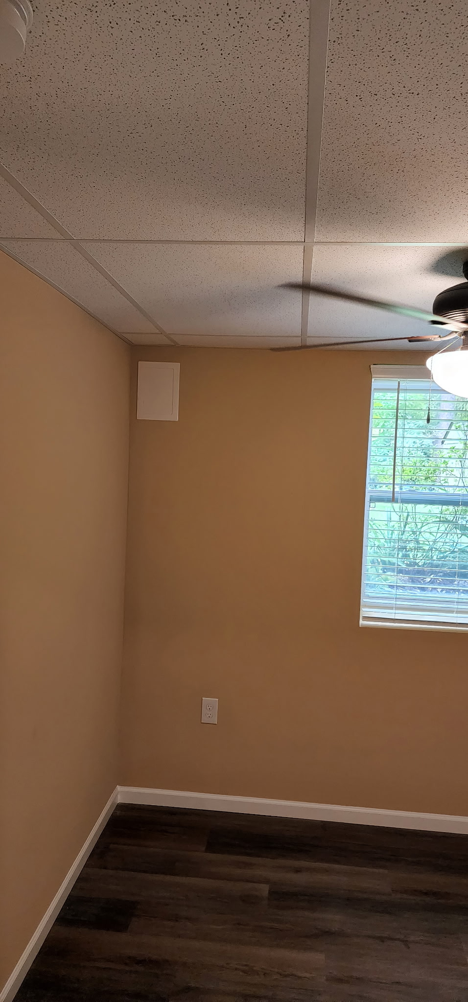 Finished basement room with painted walls, new flooring and ceiling fan