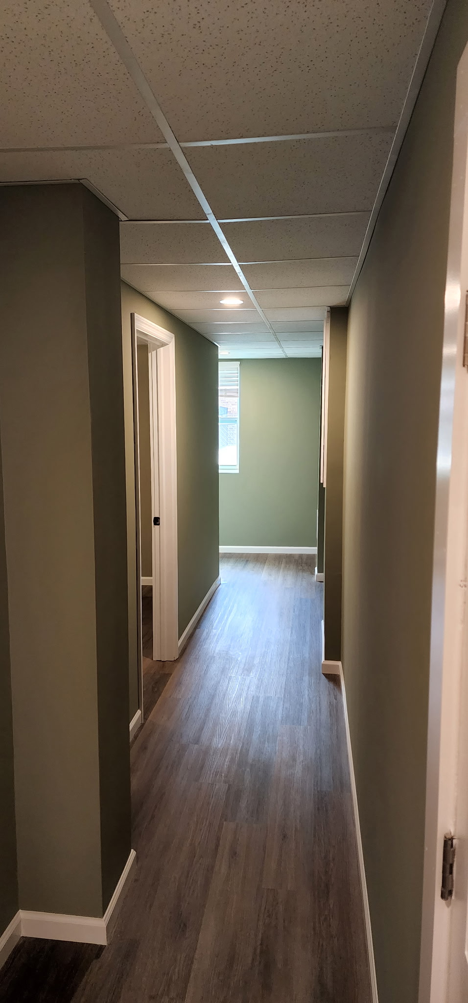 Finished basement hallway with painted walls and LVP flooring